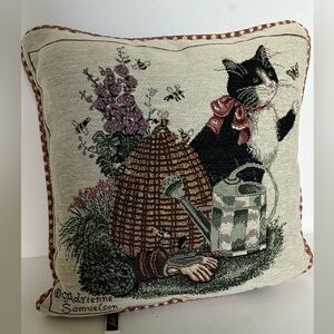PILLOW-TAPESTRY-ADRIENNE SAMUELSON-Cat-Garden-Bees-Butterfly-Country-12" x 12"‎